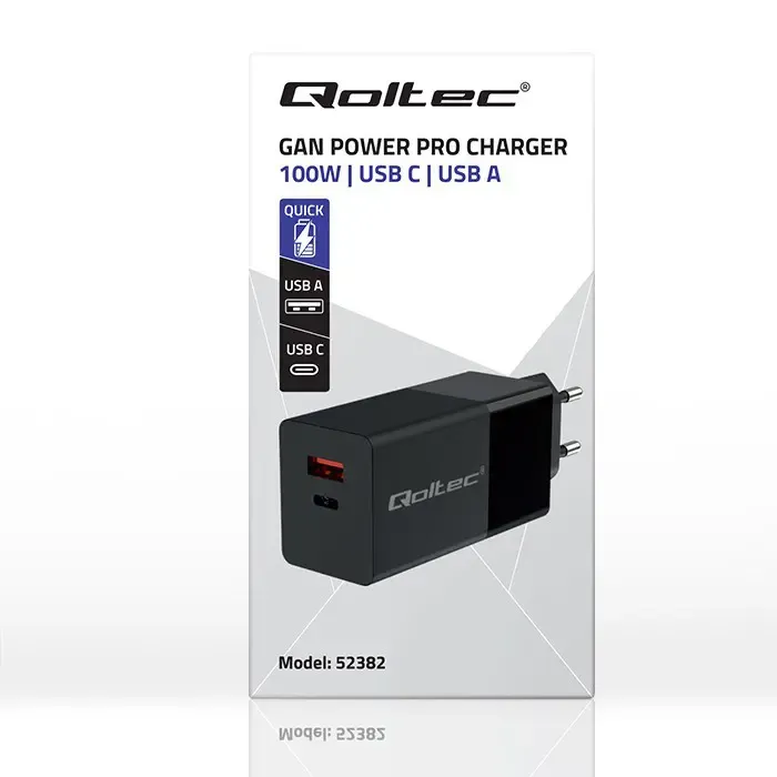 qoltec 52382 gan power pro charger | 1xusb type c | 1xusb a | 100w | 5-20v | 1.5-5a | pd | black - slika 5