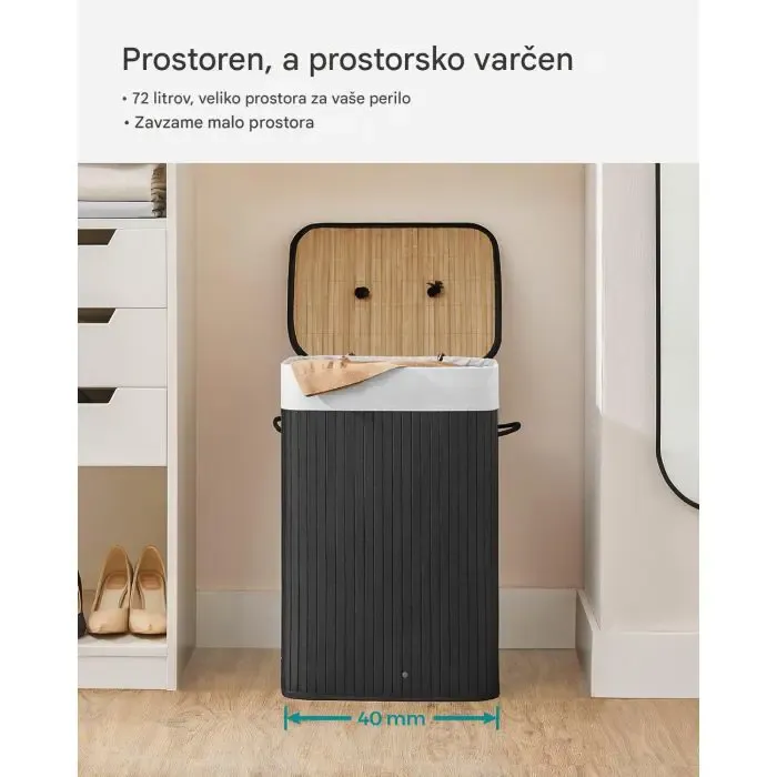 songmics folding bamboo basket with lid - black, 72 l - slika 4
