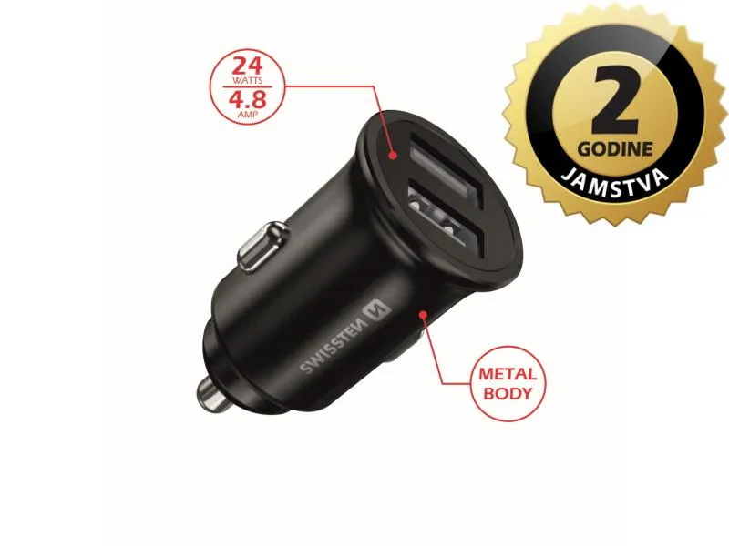 swissten punjač za auto, 2xusb, 4.8a, 12-24v, metalic, crni - 03110001 - slika 1