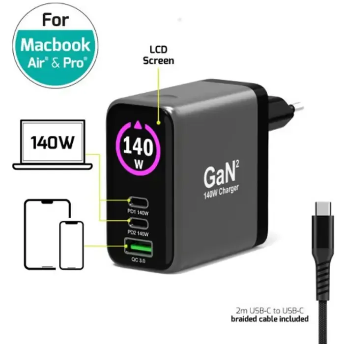 port zidni punjač 140w type c,gan2+usb-c kabel 2m - slika 1
