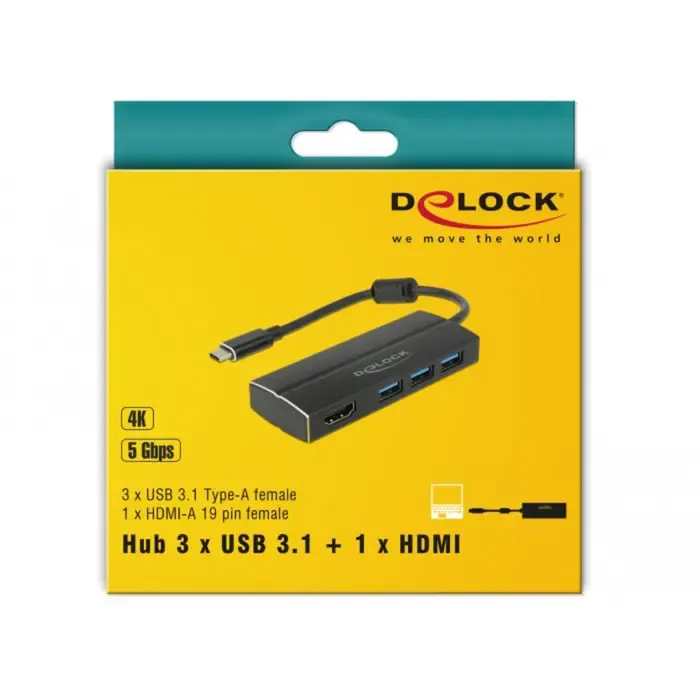 delock adapter usb c 3.1 > 3x usb 3.0 a hub + hdmi 4k - slika 2