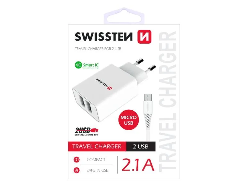 swissten punjač za ac220, 2xusb, 2.1a, smart ic, bijeli+ microusb kabel - 03100008 - slika 1