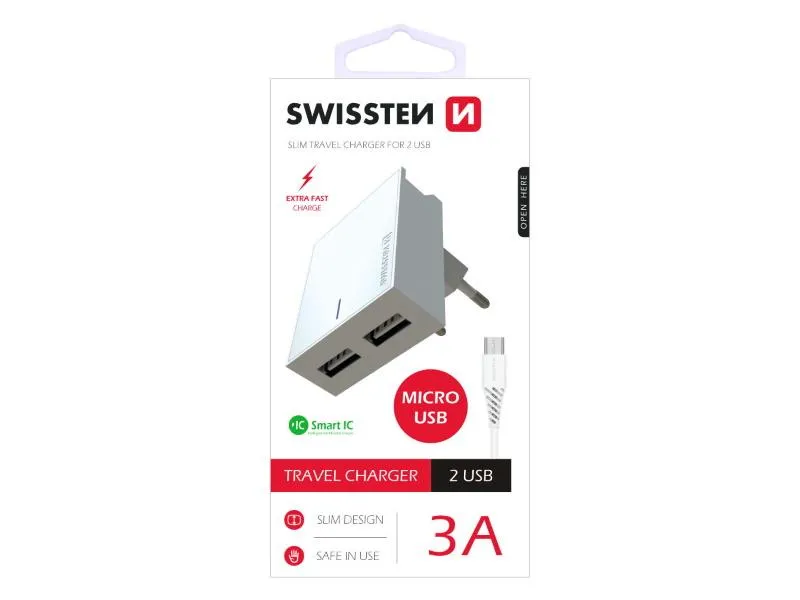 swissten punjač za ac220, 2xusb, 3a, smart ic, držač, bijeli + microusb kabel - 03100021 - slika 1