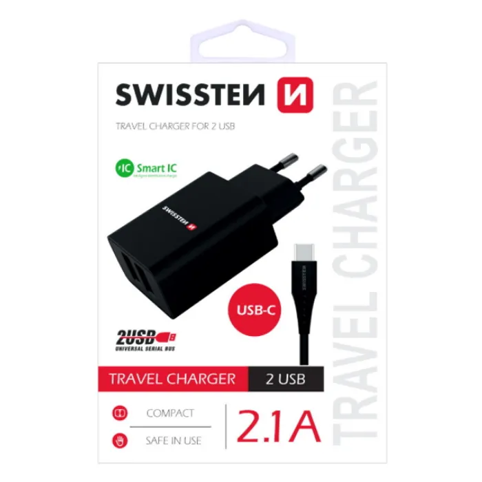 swissten punjač za ac220, 2xusb, 2.1a, smart ic, crni + usb-c kabel - slika 1