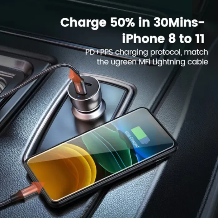 ugreen auto punjač, 52.5w, usb-c pd+usb-a qc, sivi - slika 3