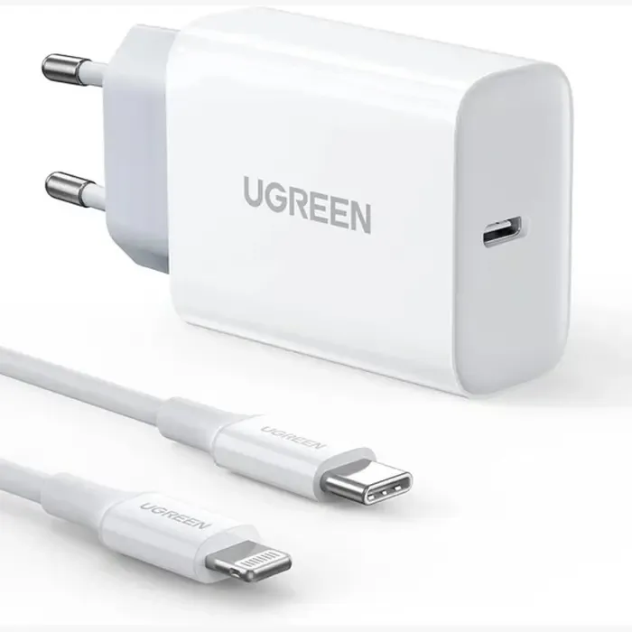 ugreen punjač , 20w, pd fast charger + usb-c na lightning, bijeli, 1m - slika 1