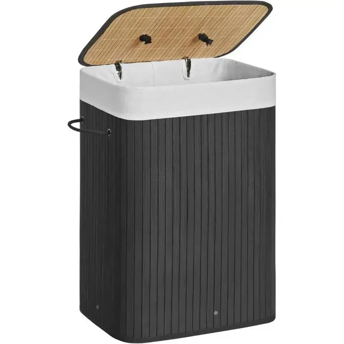 songmics folding bamboo basket with lid - black, 72 l - slika 5