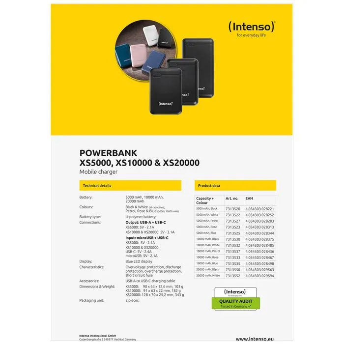 (intenso) prijenosni punjač za mobitele i tablete 5000mah - powerbank xs5000 black - slika 5