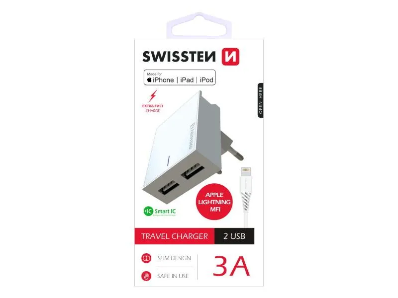 swissten punjač za ac220, 2xusb, 3a, smart ic, držač, bijeli + lightning mfi kab - 03100020 - slika 1