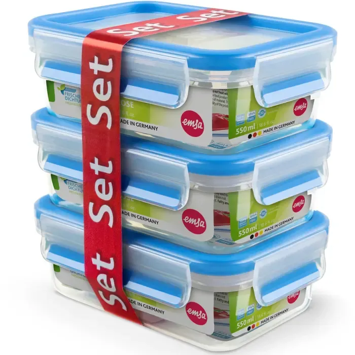 emsa clip & close food storage containers 0.55 liters (transparent/blue, rectangular, 3 pieces) - slika 2