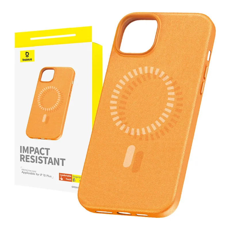 magnetic phone case for iphone 15 plus baseus fauxther series (orange) - slika 1