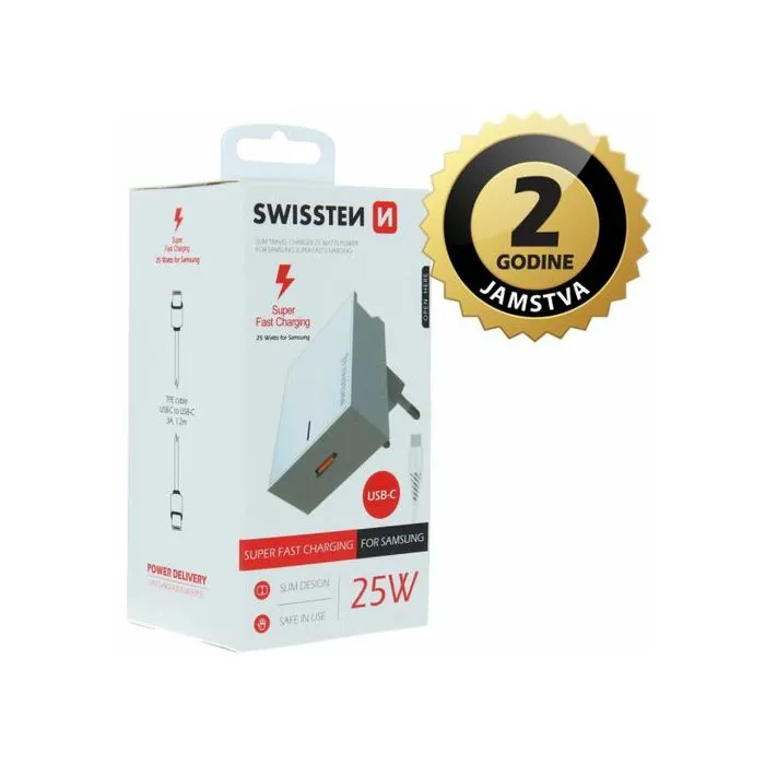 swissten punjač za ac220, super fast za samsung, 25w, kabel usb-c/usb-c, bijeli - slika 1