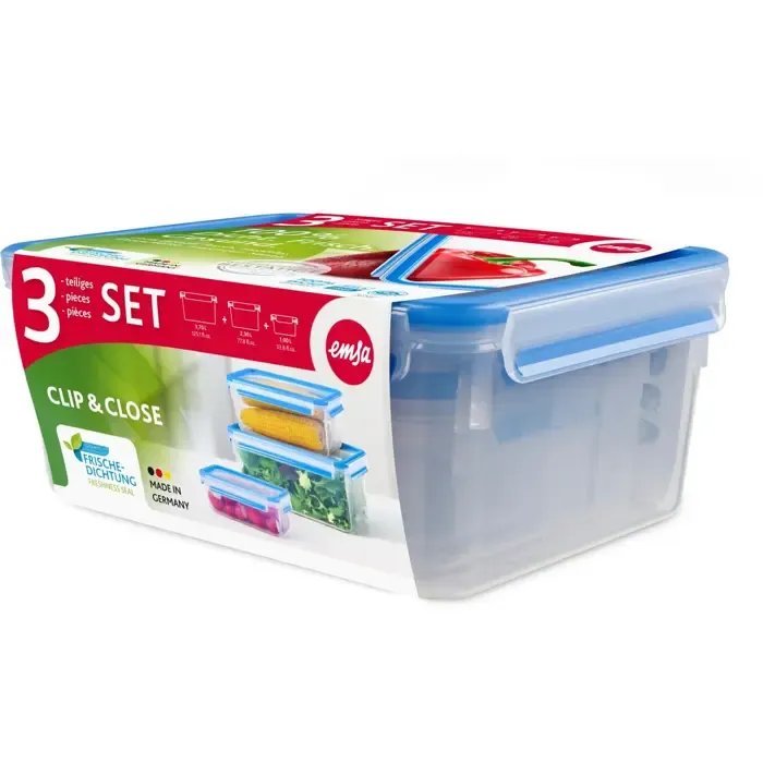 emsa clip & close food storage container set, 3-piece (transparent/blue, rectangular, 3 containers + 3 lids) - slika 3