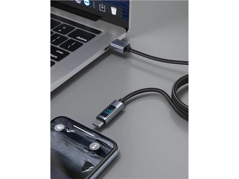 swissten kabel led indikator, usb/usb-c 1,5 m, 60w, tekstilni crni - 03050107 - slika 1