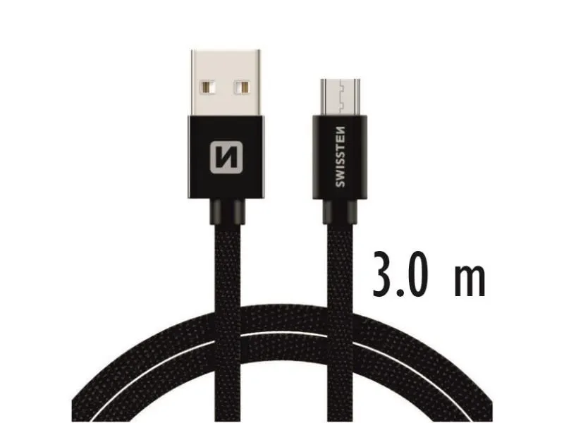 swissten kabel usb/microusb, platneni, 3a, 3m, crni - 03080049 - slika 1