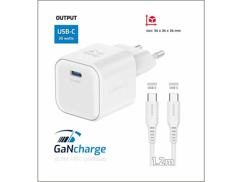 swissten punjač za ac220, gan, 1xusb-c, 35w, 3a, bijeli + usb-c kabel - 03100054 - slika 1