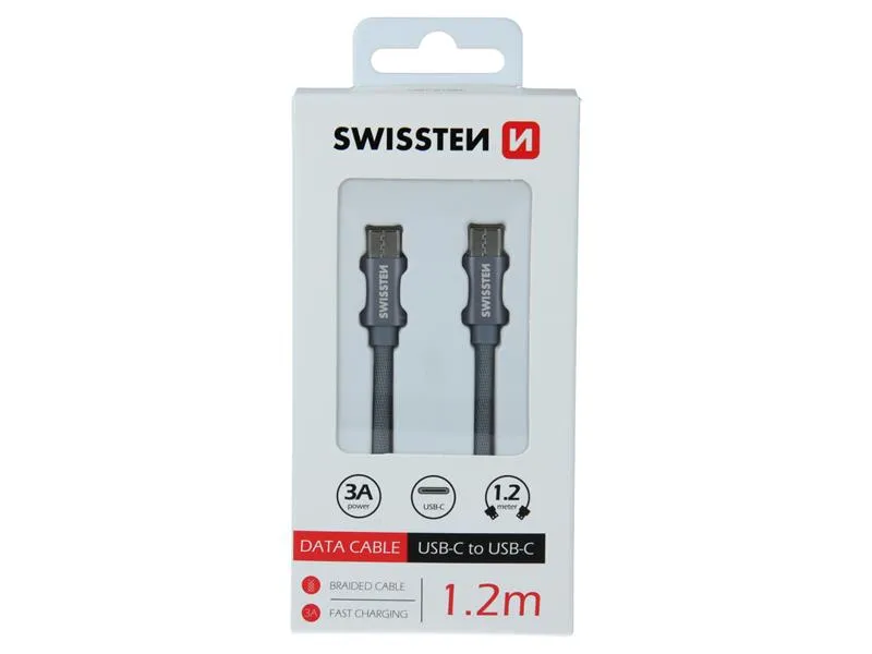 swissten kabel usb-c/usb-c, platneni, 3a, 1.2m, sivi - 03080080 - slika 1