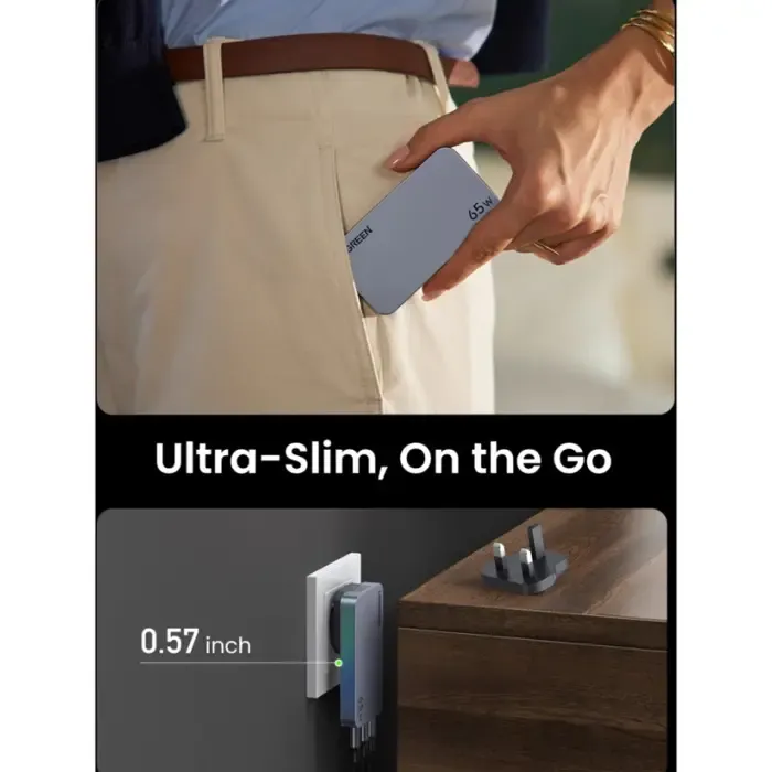 ugreen ultra-slim nexode pro zidni punjač 65w, 2x usb-c, usb-a, ganinfinity, sivi - slika 3