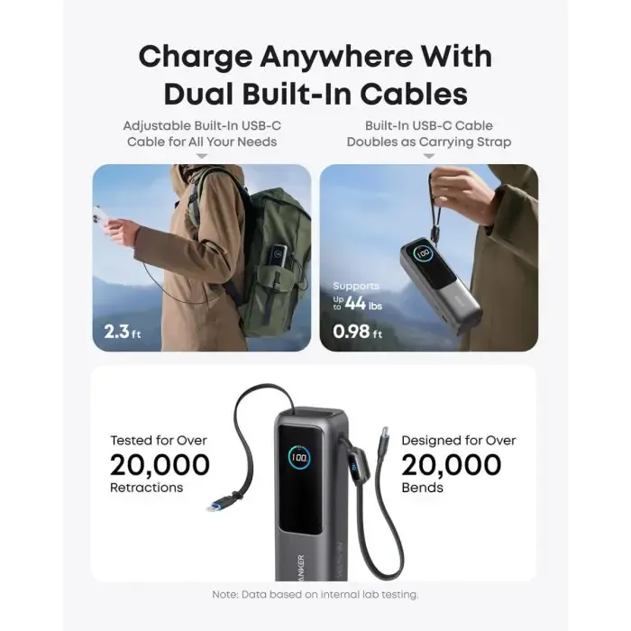 anker powerbank 25000 mah z vgrajenim kablom usb-c, 165w, črn - slika 5