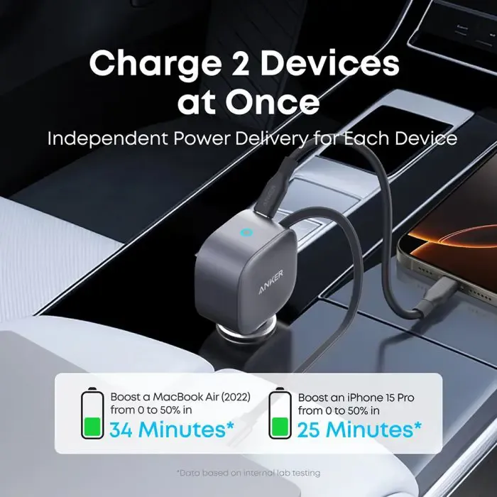 anker nano 75w car charger with integrated cable - slika 2
