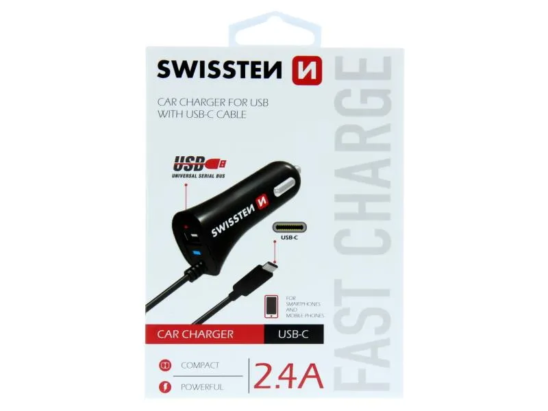 swissten punjač za auto, 1xusb-c, 1xusb + usb-c kabel, crni - 03110005 - slika 1