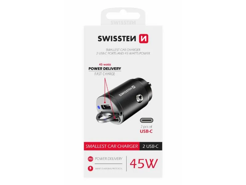 swissten punjač za auto, 2xusb-c, brzi, 45w, crni - 03110016 - slika 1