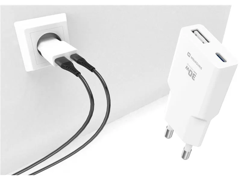 swissten punjač za ac220, gan, 30w, slim, usb-c + usb-a, bijeli - 03100057 - slika 1