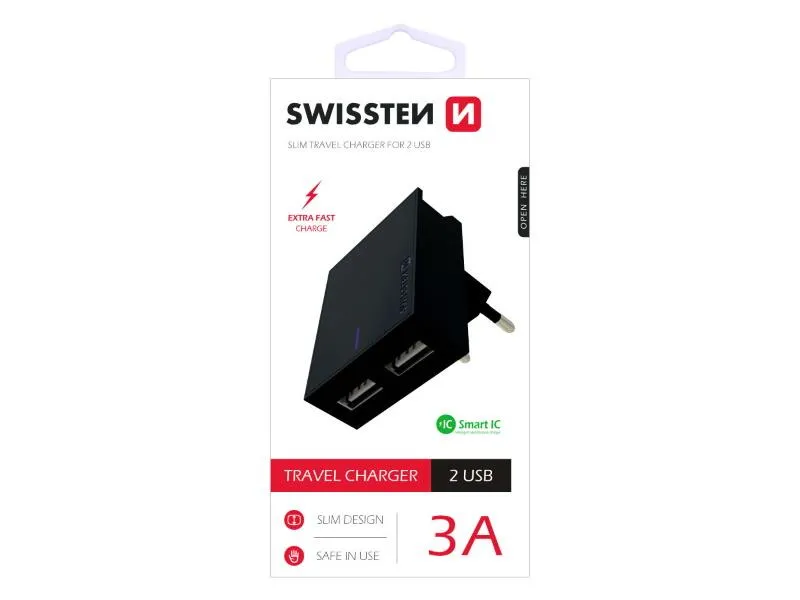 swissten punjač za ac220, 2xusb, 3.1a, smart ic, držač, crni - 03100019 - slika 1