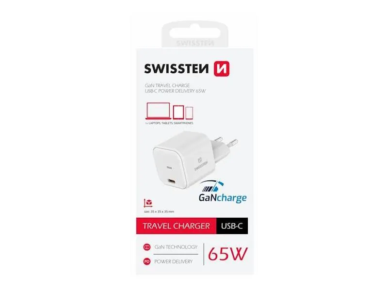 swissten punjač gan 1x usb-c 65w power delivery, bijeli - 03100043 - slika 1