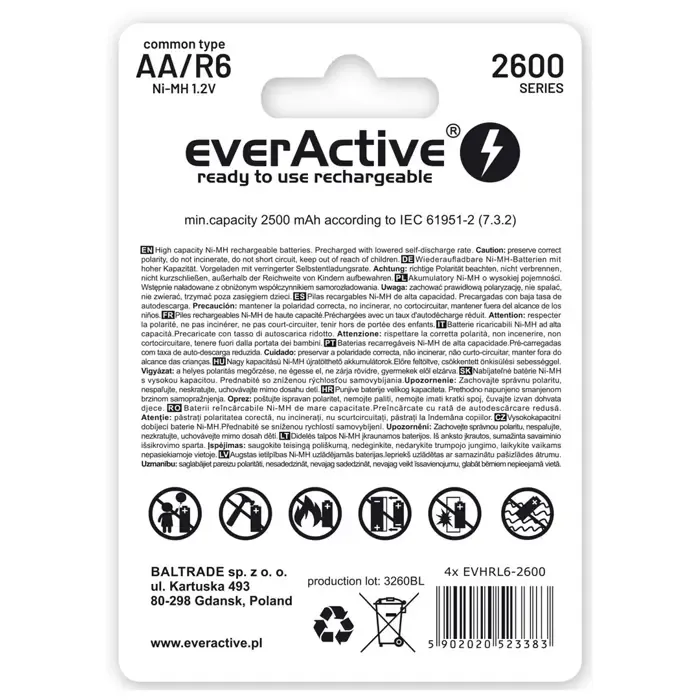 rechargeable batteries everactive ni-mh r6 aa 2600 mah professional line - slika 2