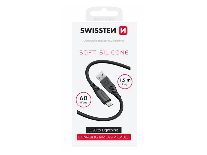 swissten kabel usb/lightning, soft silicone, 3a, 60w, 1.5m, crni - 03080105 - slika 1