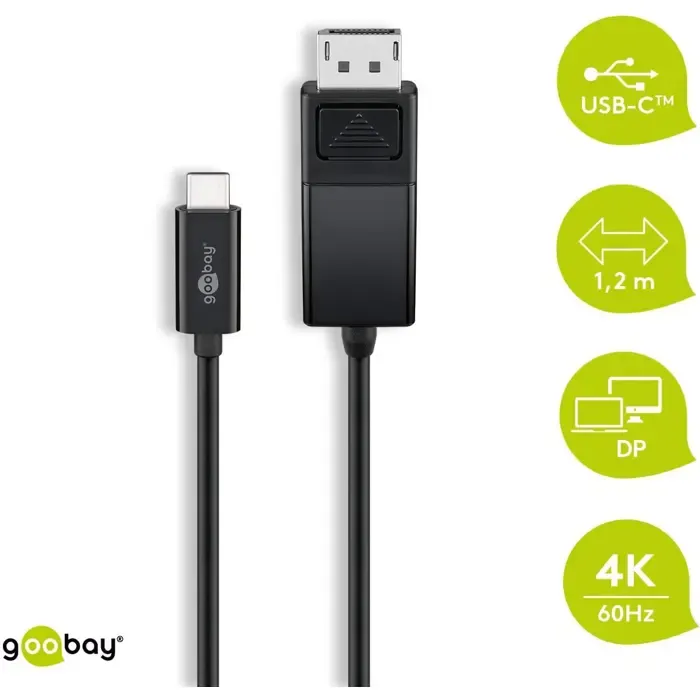 goobay usb adapter cable, usb-c connector > displayport connector (black, 1.2 meters, 4k 60hz) - slika 2
