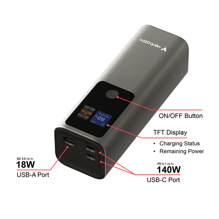 verbatim powerbank 27000 mah charge n go 183w max, dual usb-c® port, 1xusb-a, smart digital tft display - slika 2
