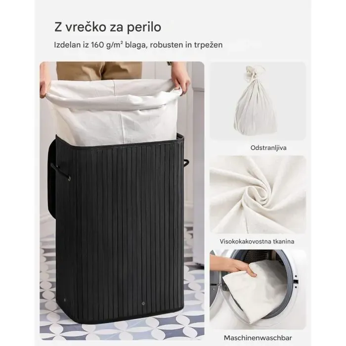 songmics folding bamboo basket with lid - black, 72 l - slika 3