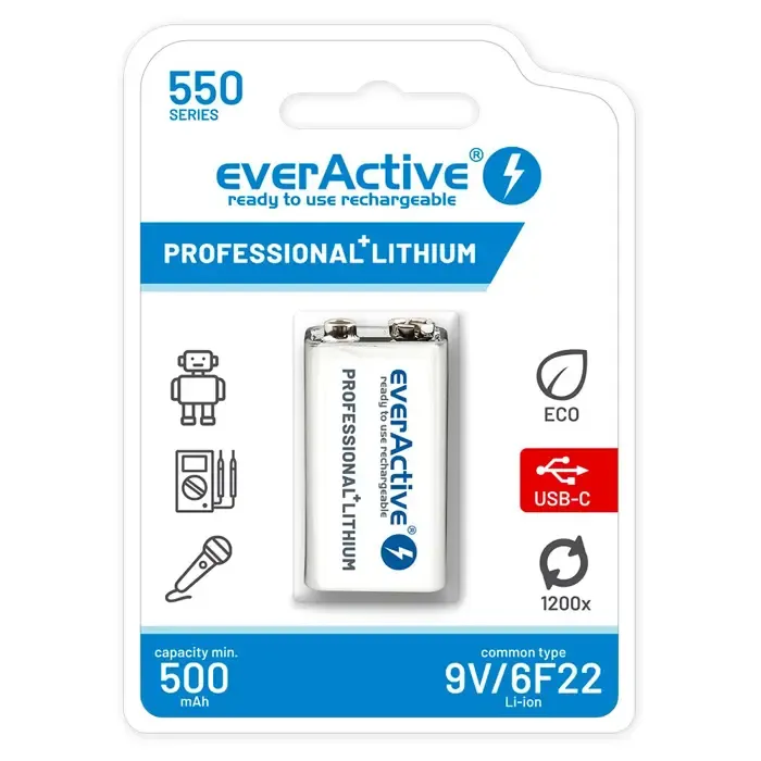 rechargeable battery everactive 6f22/9v li-ion 550 mah with usb type c - slika 1