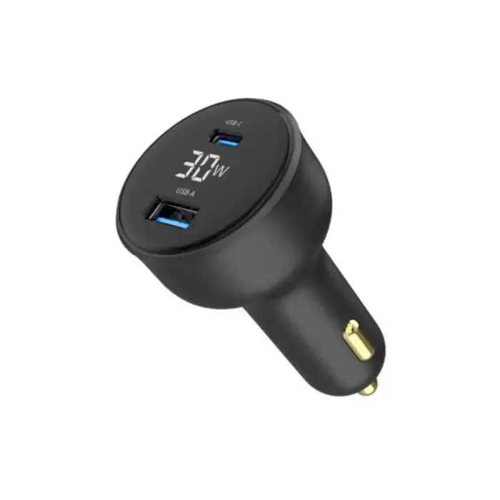 gembird 2-port usb car fast charger, type-c pd, lcd, 30 w, black - slika 1