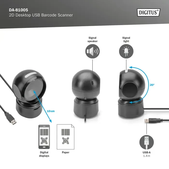 digitus 1d 2d desktop usb barcode scanner (black, qr code compatible) - slika 5