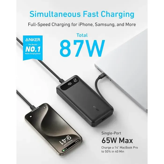 anker powerbank 20000 mah, 87w with built-in usb-c cable, black - slika 2