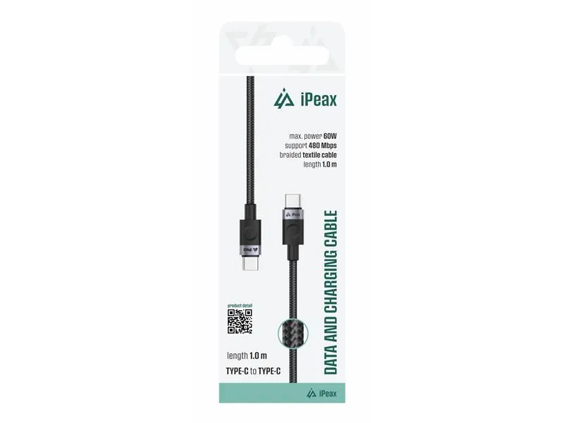 ipeax kabel textile usb-c/usb-c 1m, 60w, 3a, usb 2.0 crni - 03090066 - slika 1