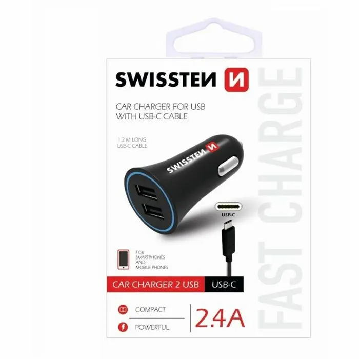 swissten punjač za auto, 2xusb, 2.4a, crni + kabel za punjenje usb - usb-c - slika 1