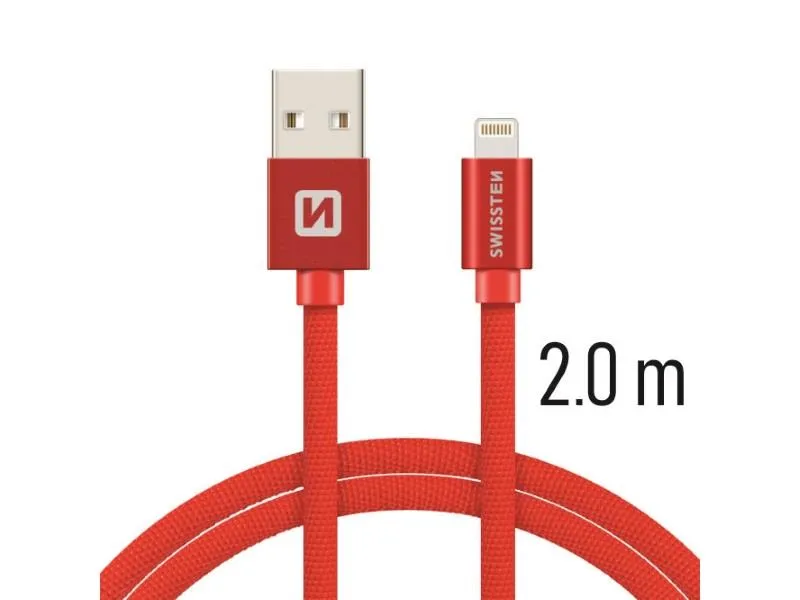 swissten kabel usb/lightning, platneni, 3a, 2m, crveni - 03080033 - slika 1
