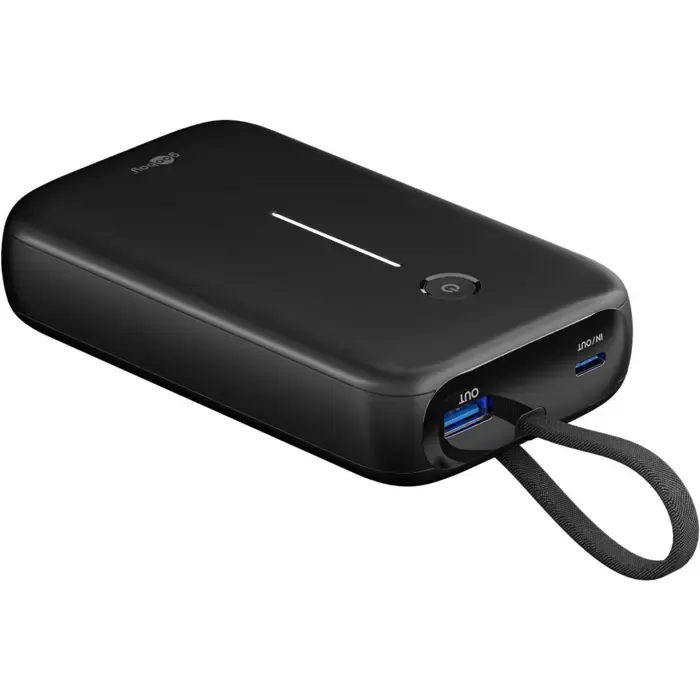 goobay power bank 20,000 mah, integrated usb-c cable 13cm, 30 watts black, 20 ah, 1x usb-a, 2x usb-c, pd, qc - slika 3