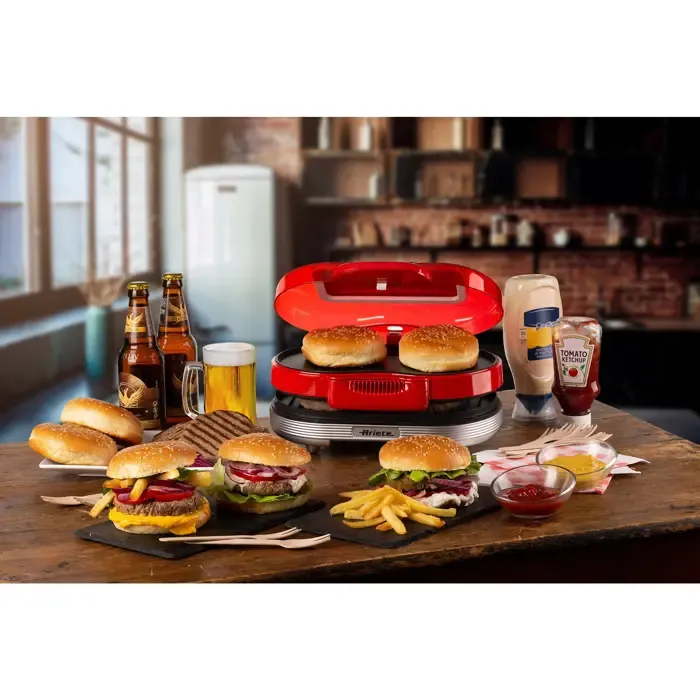 ariete hamburger grill party time, electric grill plate (red/white, 1,200 watt, 50's style) - slika 5