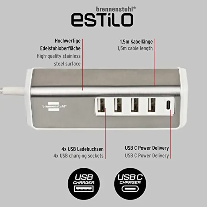 brennenstuhl estilo usb multi-charger (white/stainless steel, 5x usb, pd 20 watt) - slika 2