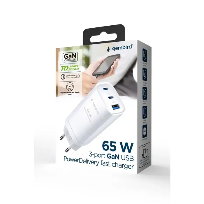 gembird ta-uc-pdqc65-01-w 3-port 65 w gan usb powerdelivery fast charger, white - slika 4