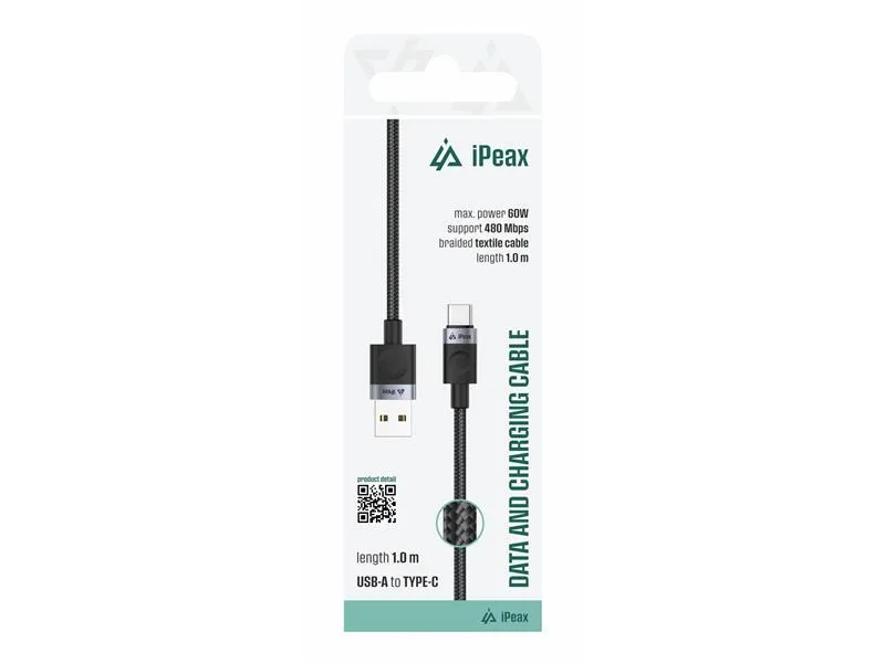ipeax kabel textile usb-a/usb-c 1m, 60w, 3a, usb 2.0 crni - 03090064 - slika 1