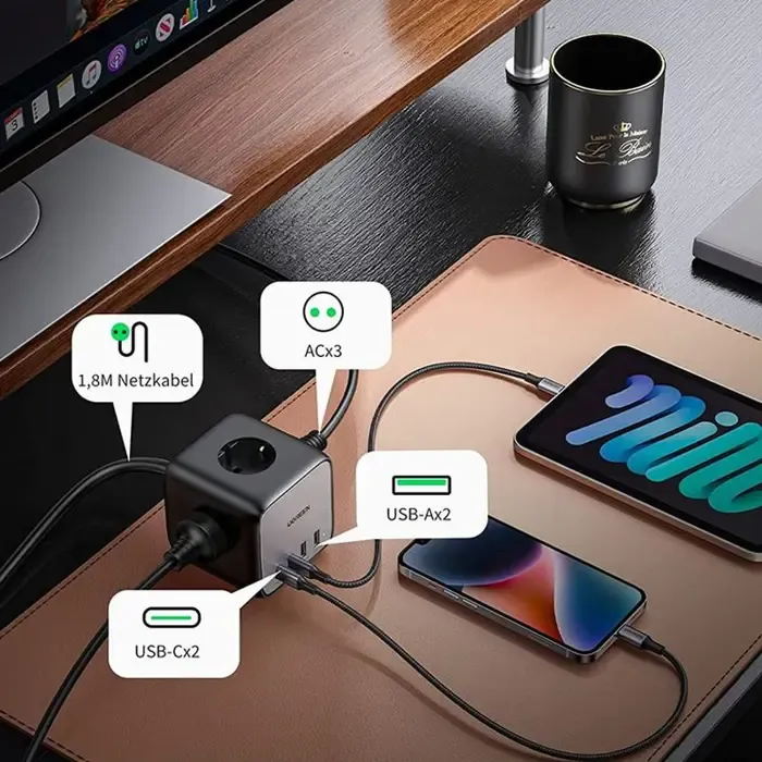 ugreen diginest cube, 65w, 3x šuko, 2x usb-c, 2x usb-a, 1.8m, crno sivi - slika 2