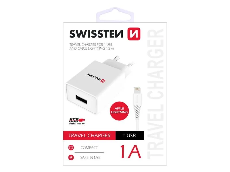 swissten punjač za ac220, 1xusb, 1a, bijeli + lightning kabel - 03100004 - slika 1