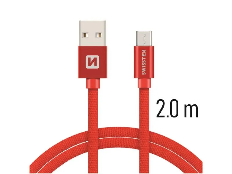swissten kabel usb/microusb, platneni, 3a, 2m, crveni - 03080043 - slika 1