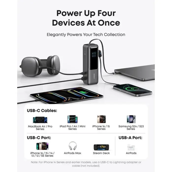 anker powerbank 25000 mah z vgrajenim kablom usb-c, 165w, črn - slika 4